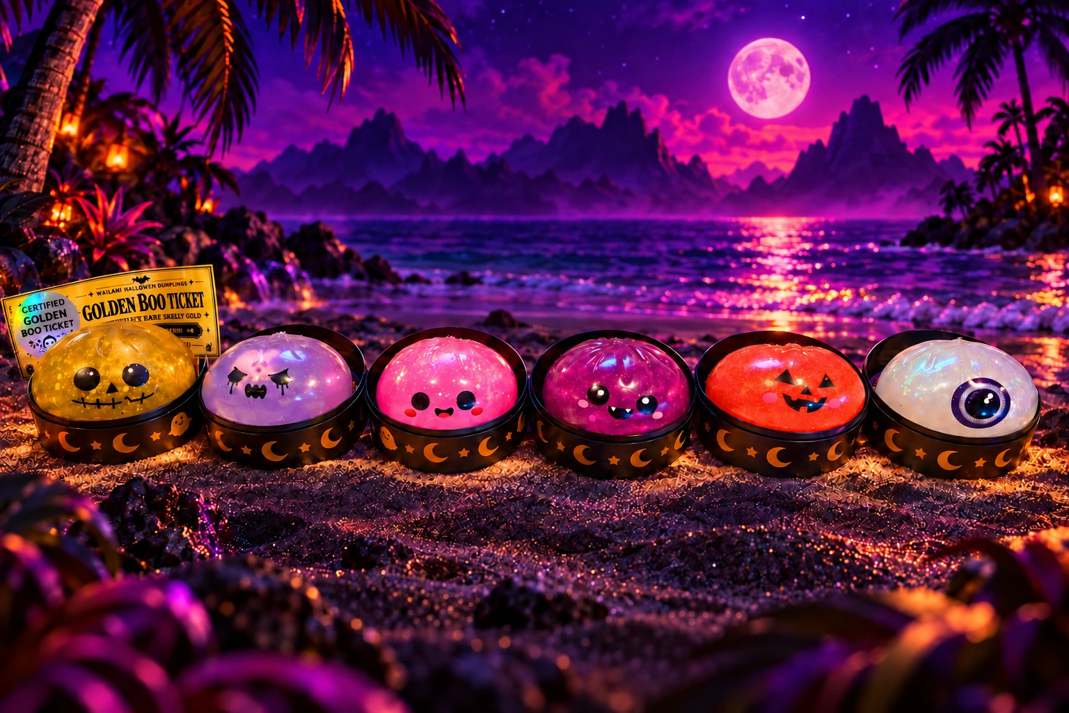 The six real Boo Crew squishy products and their moon-and-star cases, photographed and styled in a purple moonlit beach campaign scene